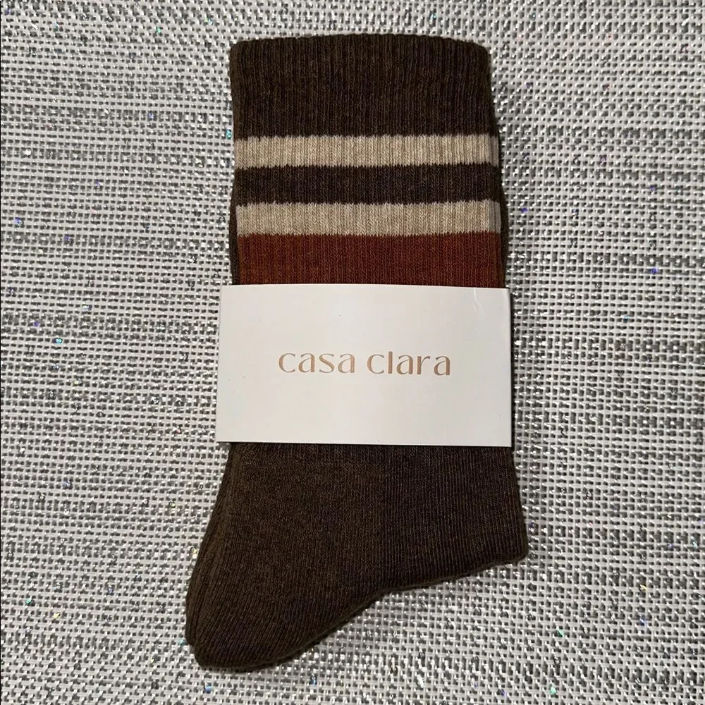 casa clara Lillian Brown Ivory Caramel Ribbed Varsity Stripe Cotton Crew Socks